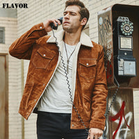 New Men's Real Leather Jacket Genuine Leather With Faux Shearling Warm Coat Men