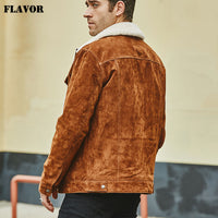 New Men's Real Leather Jacket Genuine Leather With Faux Shearling Warm Coat Men