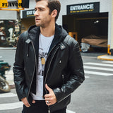 New Men's Leather Motorcycle Jacket Black Real Leather Jacket With Removable Hood