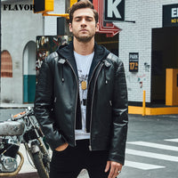 New Men's Leather Motorcycle Jacket Black Real Leather Jacket With Removable Hood