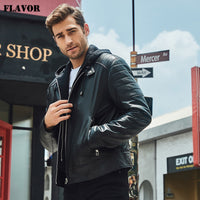 New Men's Leather Motorcycle Jacket Black Real Leather Jacket With Removable Hood