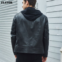 New Men's Leather Motorcycle Jacket Black Real Leather Jacket With Removable Hood
